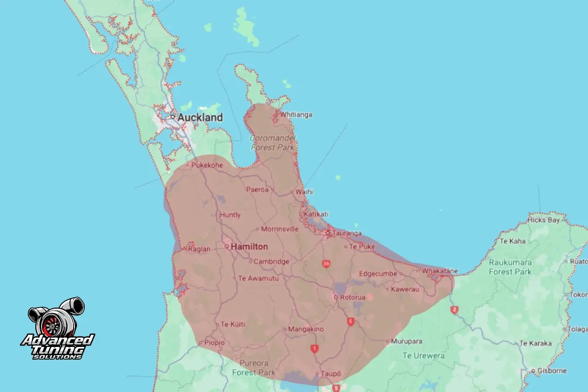 Advanced Tuning Solutions service area map covering Bay of Plenty, Waikato, Hamilton, Tauranga, Rotorua, and surrounding regions in New Zealand